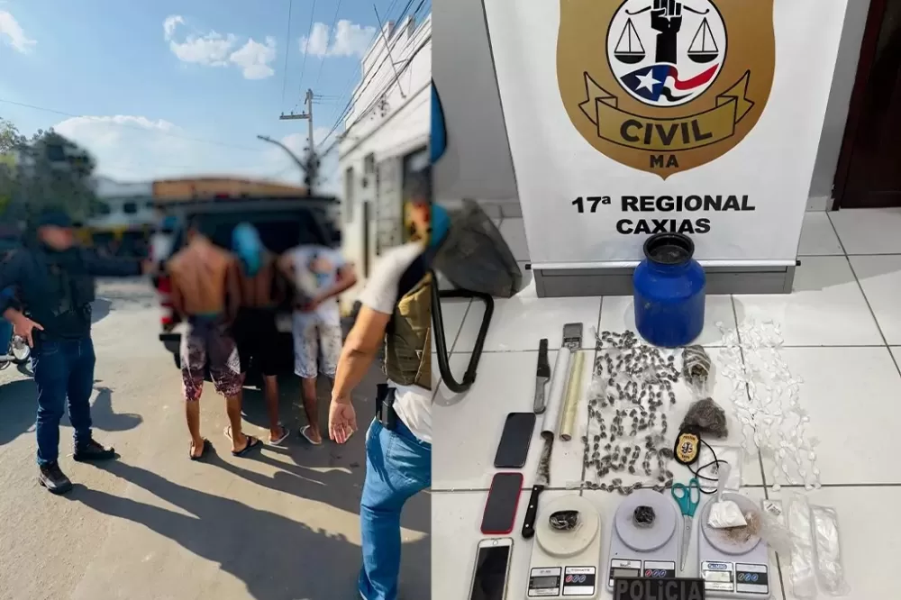 Operação policial no bairro Cangalheiro em Caxias prende três e apreende drogas e materiais do tráfico.